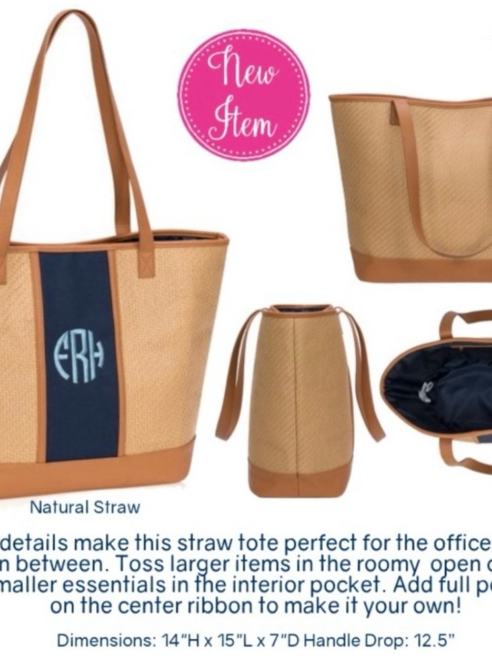 Monogrammable Natural Straw Tote with Navy Center Panel